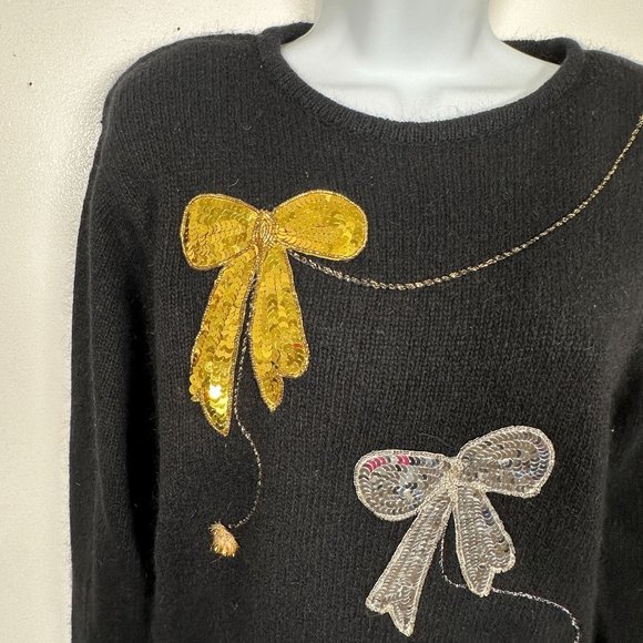 Vintage 80s Womens Sweater Christmas Palm Springs Yacht Club Sequin Bows - Picture 5 of 14